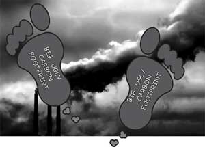 Photo of smokestacks belching black smoke into sky, with two big cartoon footprints on top, labeled big, ugly carbon footprints.