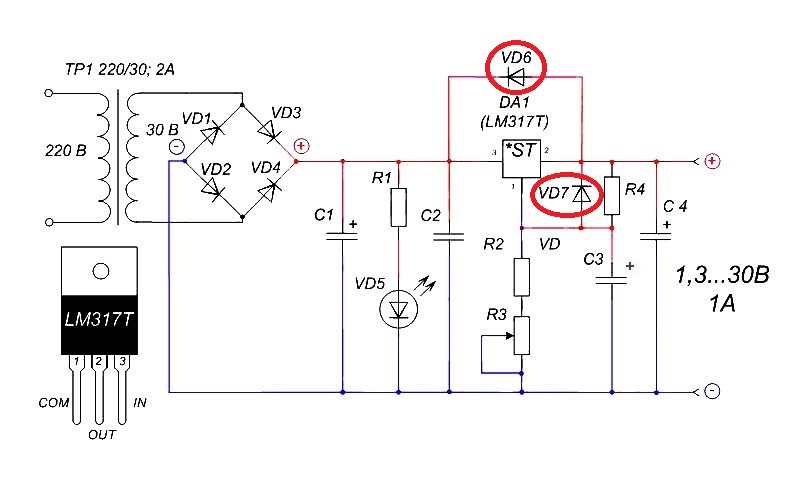 Lm317 схема включения с регулировкой