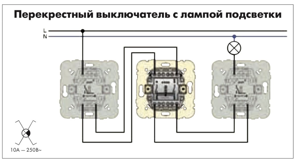 Схема переключателя проходного одноклавишного с 2 мест