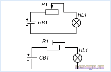 Включение переменного резистора реостатом