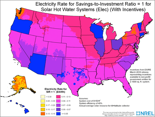 NREL Map of the US showing the electricity rates needed to make a solar water heating system that costs $150/ft2 cost effective